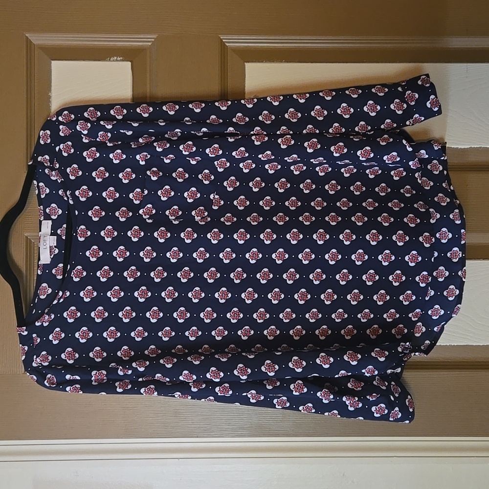 LOFT Navy and Pink Patterned Blouse